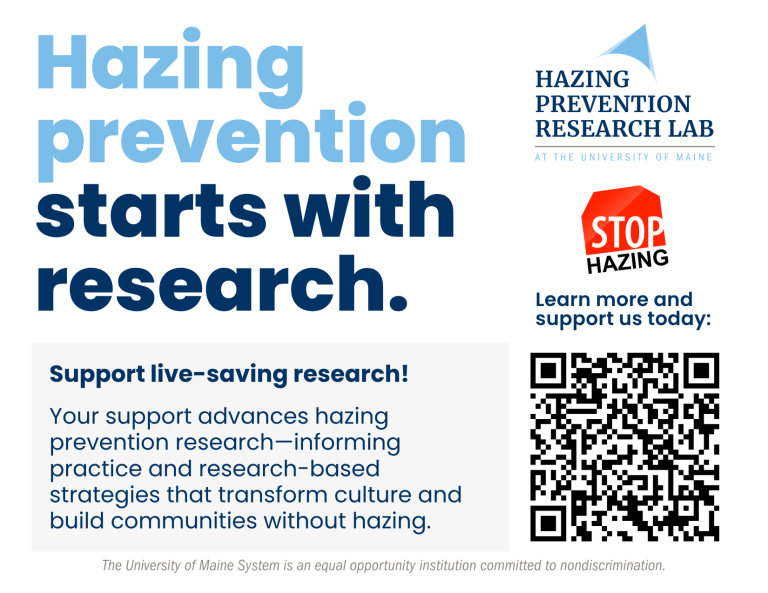 post card graphic with qr code for giving to support hazing prevention research
